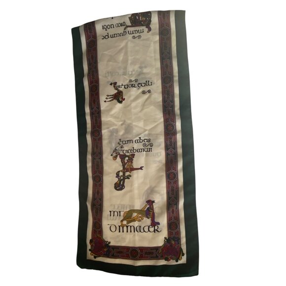 Vtg Book of Kells Irish Green Silk Scarf Celtic Knot Animal Griffins 12" x 52" - Picture 3 of 9